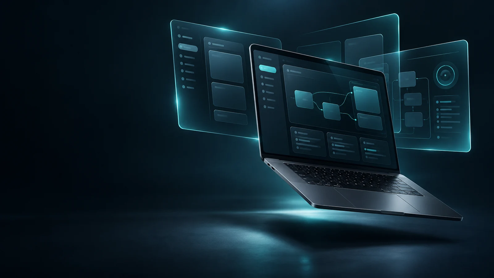 Futuristic concept visualization of a floating laptop and connected interface layers