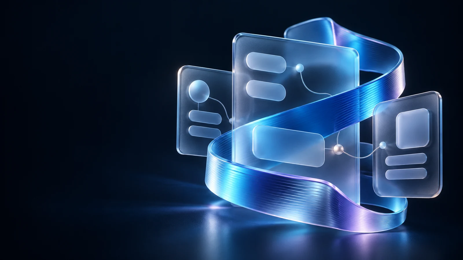 Sculptural blue glass ribbon connecting softly rounded interface layers